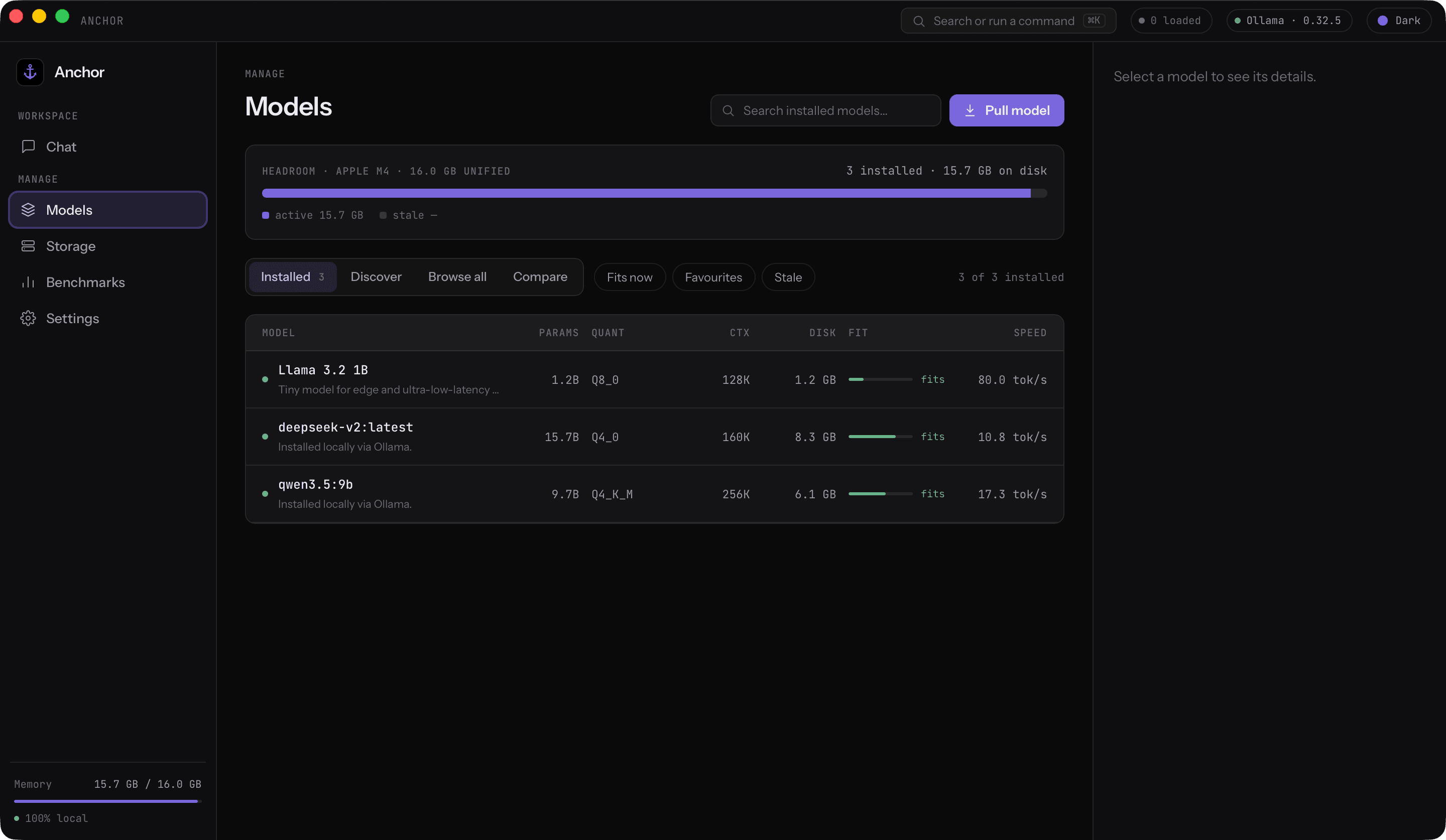 Anchor's model hub listing installed models with parameters and quantization