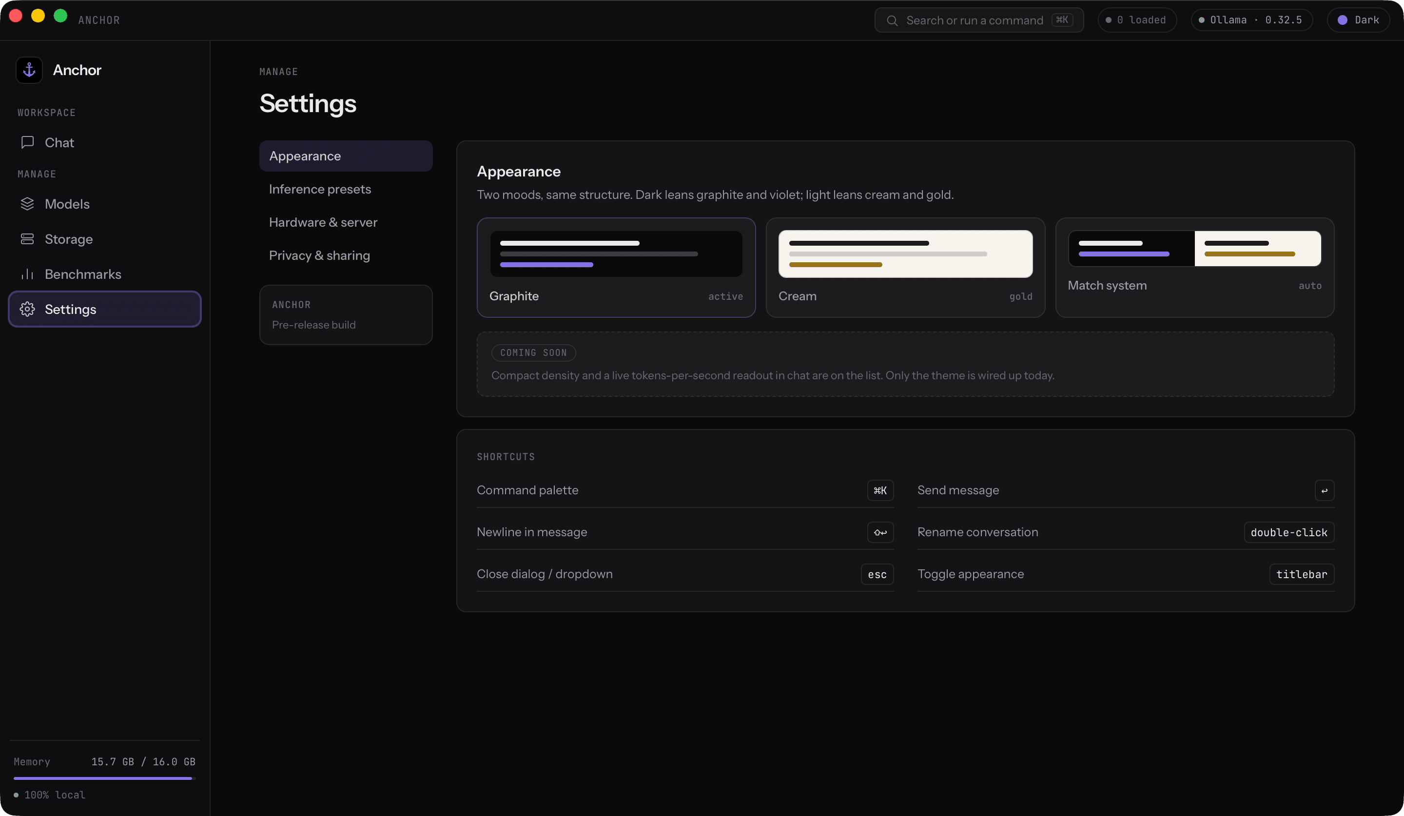 Anchor's settings view with inference presets, hardware profile, and privacy options